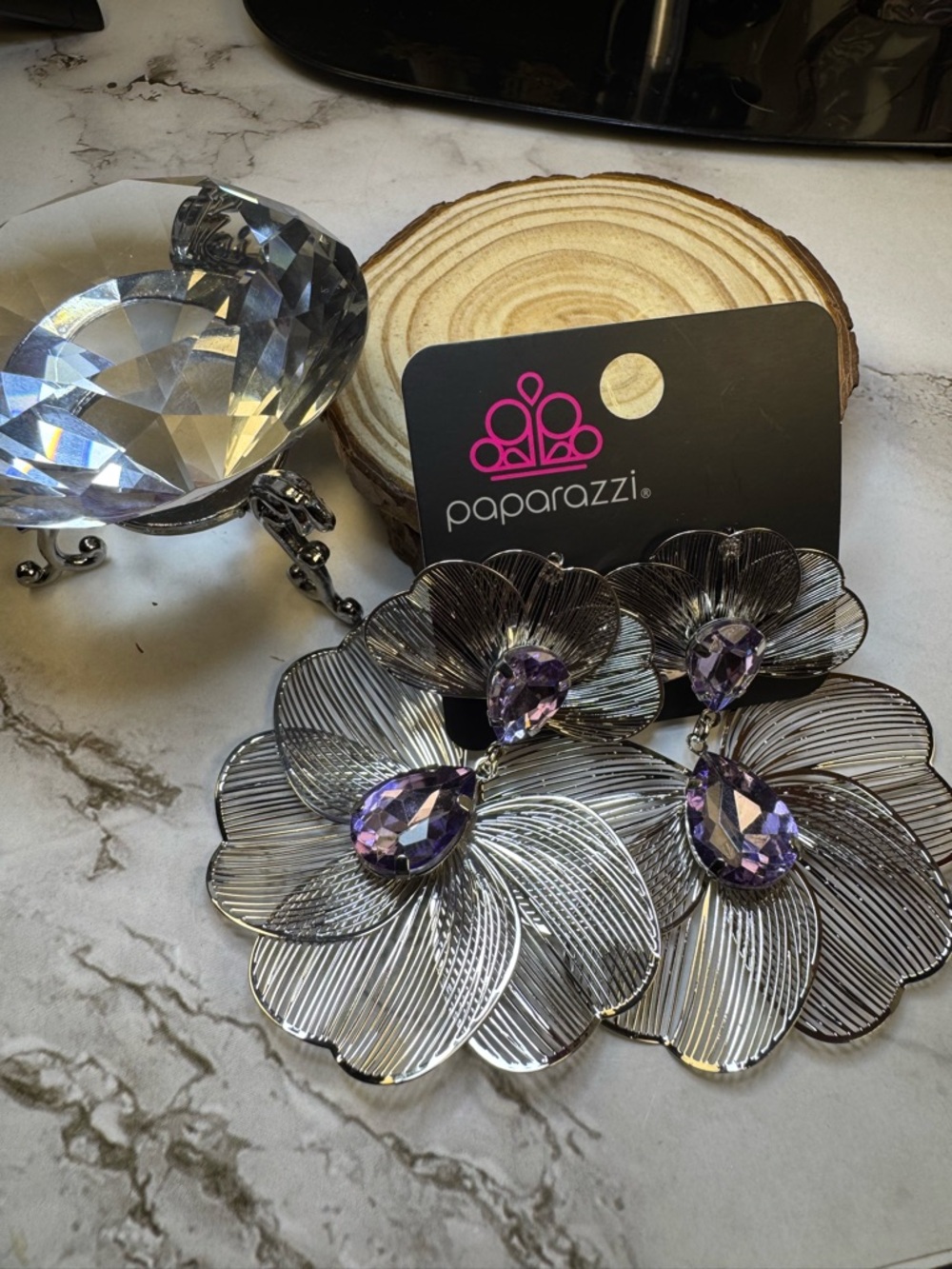 paparazzi Silver Floral Earrings with Lilac Crystals